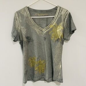 EVA KAYAN Metallic Graphic T Shirt Screen Print Medium Palm Tree Glitter Errands
